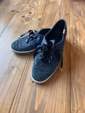 Keds x Kate Spade New York Champion Navy Blue Glitter Sneakers with Satin Ribbon